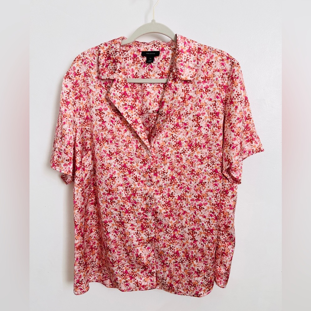 Halogen Pink Floral Blouse Shirt Button up Sz 1X Cottagecore Short Sleeve Collar